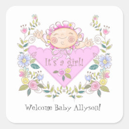 Sticker Carré Cute Rose C'est une fille Bébé Douche Faveurs