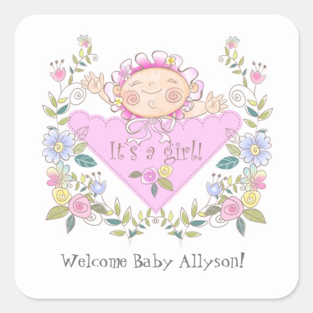 Sticker Carré Cute Rose C'est une fille Bébé Douche Faveurs (Devant)
