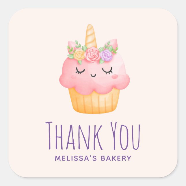 Sticker Carré Cute rose Cupcake Unicorn avec Merci Rose (Devant)