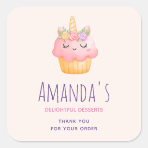 Sticker Carré Cute rose Cupcake Unicorn avec Rose