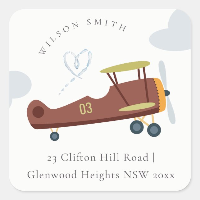 Sticker Carré Cute Rust Green Blue Biplane Cloud Heart Adresse (Devant)