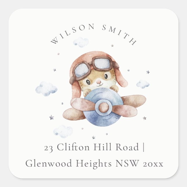 Sticker Carré Cute Rust Navy Plane Teddy Cloud Stars Sky Adresse (Devant)