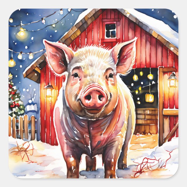 Sticker Carré Cute rustique Cochon de Noël et Grange (Devant)