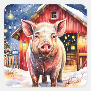 Sticker Carré Cute rustique Cochon de Noël et Grange