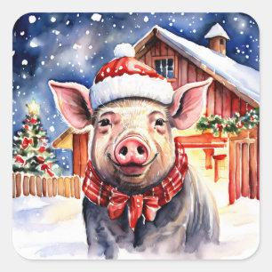 Sticker Carré Cute rustique porc de Noël et grange