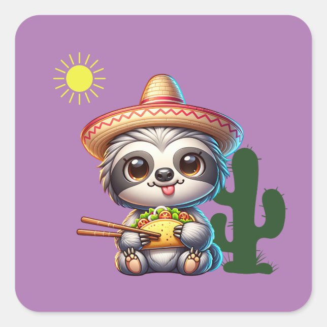 Sticker Carré Cute Sloth mangeant Taco (Devant)