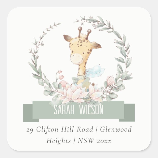 Sticker Carré Cute Soft Safari Giraffe Floral Wreath Adresse (Devant)