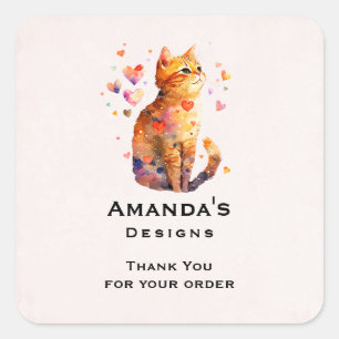 Sticker Carré Cute Tabby Chat avec Coeur Merci Affaires
