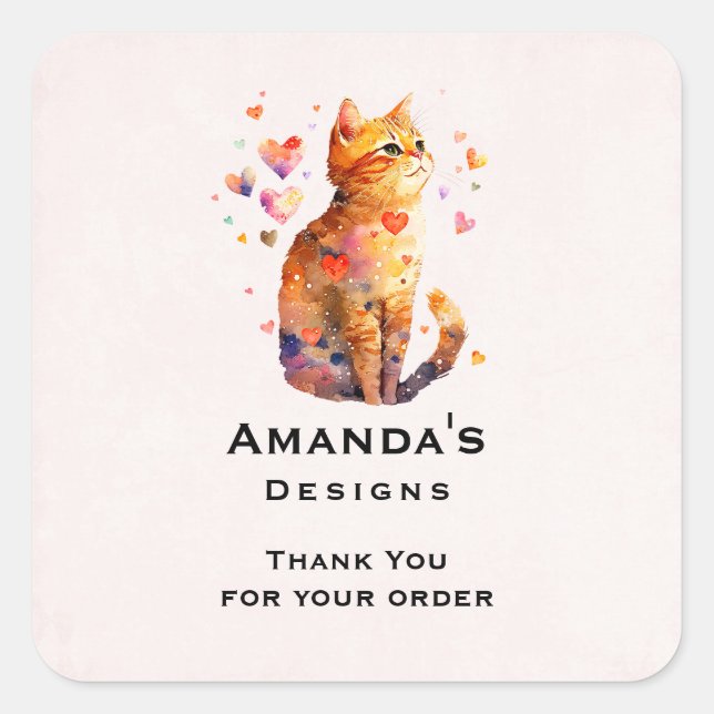 Sticker Carré Cute Tabby Chat avec Coeur Merci Affaires (Devant)