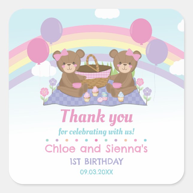 Sticker Carré Cute Teddy Bear Pique-nique Rainbow Twins Fille An (Devant)
