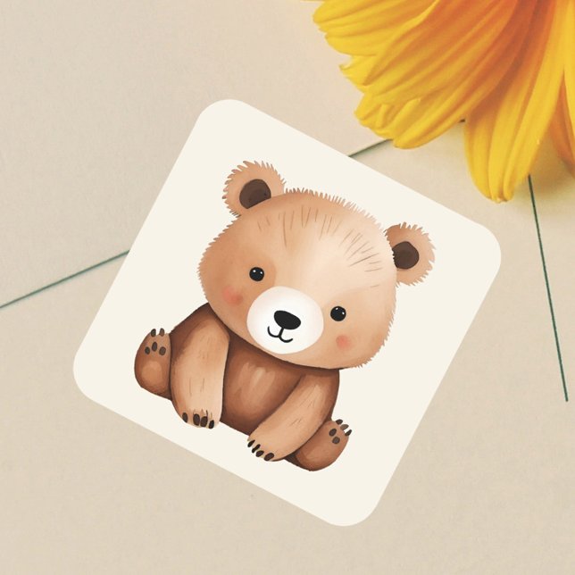 Sticker Carré Cute Teddy Ours Aquarelle Bébé Bois Animaux (Baby Teddy bear sticker, cute woodland animal in watercolor style)