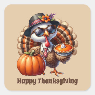 Sticker Carré Cute Thanksgiving dinde personnalisable