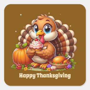 Sticker Carré Cute Thanksgiving dinde personnalisable