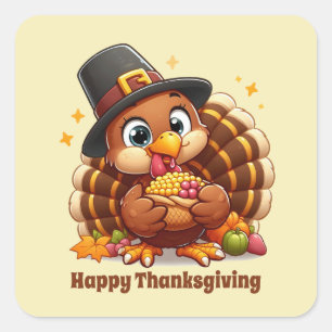Sticker Carré Cute Thanksgiving dinde personnalisable