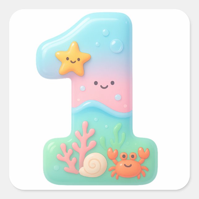 Sticker Carré Cute Under The Sea Theme Cartoon Number 1 (Devant)