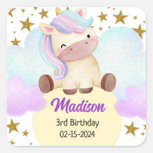 Sticker Carré Cute Unicorn et Gold Stars Anniversaire
