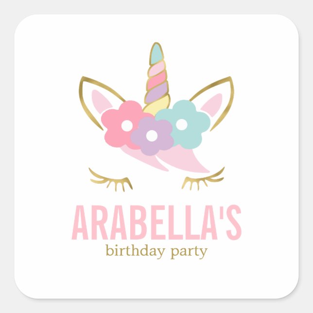 Sticker Carré Cute Unicorn Filles Anniversaire (Devant)