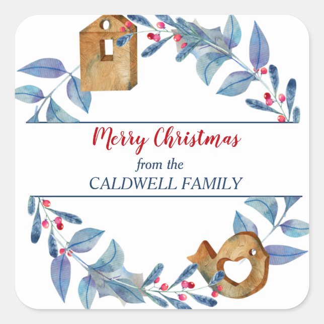 Sticker Carré Cute Whimsical Bois Bird House Vacances Wreath (Devant)