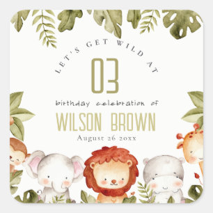 Sticker Carré Cute Wild Tropical Safari Animaux Anniversaires de