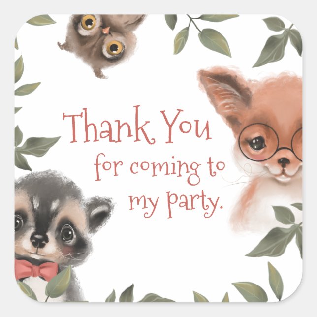 Sticker Carré Cute Woodland Animaux Anniversaire Merci de fête (Devant)