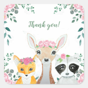 Sticker Carré Cute Woodland Animaux Bébé Fille Douche Faveurs