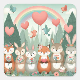 Sticker Carré Cute Woodland Creature arc-en-ciel valentine's