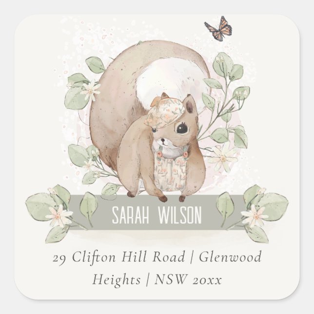 Sticker Carré Cute Woodland Forest Floral Squirrel Adresse (Devant)
