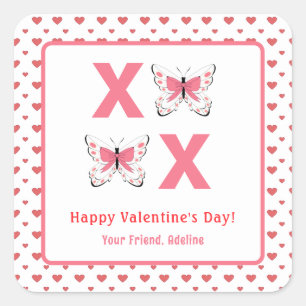 Sticker Carré Cute XOXO avec papillons roses Saint-Valentin