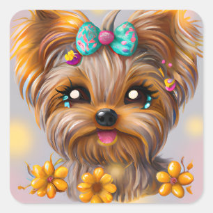 Sticker Carré Cute Yorkie Kawaii Puppy