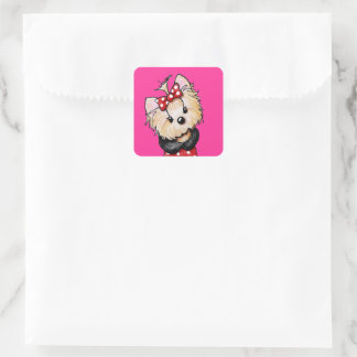Sticker Carré Cute Yorkie rouge et rose
