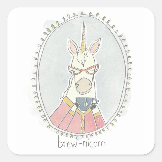Sticker Carré Cutie caféinée | Brew Unicorn (Devant)