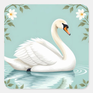 Sticker Carré Cygne blanc élégant floral bleu