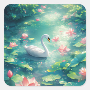 Sticker Carré Cygne blanc gracieux dans un étang de lys