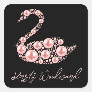 Sticker Carré Cygne élégant perle rose sur fond noir