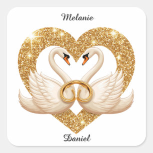 Sticker Carré Cygnes de mariage avec anneaux dorés