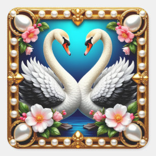 Sticker Carré Cygnes de mariage encadrés d'or et de fleurs