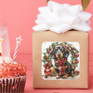Sticker Carré Dachshund avec écharpe de fêtes par Couronne