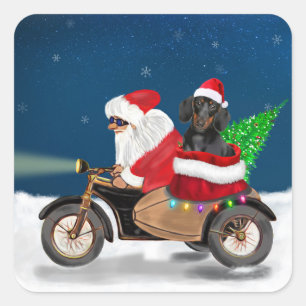 Sticker Carré Dachshund Chien Noël Père Noël