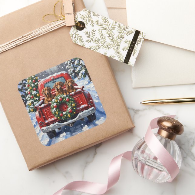Sticker Carré Dachshund Christmas Red Truck Holiday (Cadeaux)