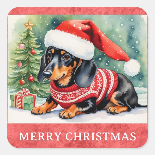 Sticker Carré Dachshund Joyeux Noël mignon Chien chiot (Devant)