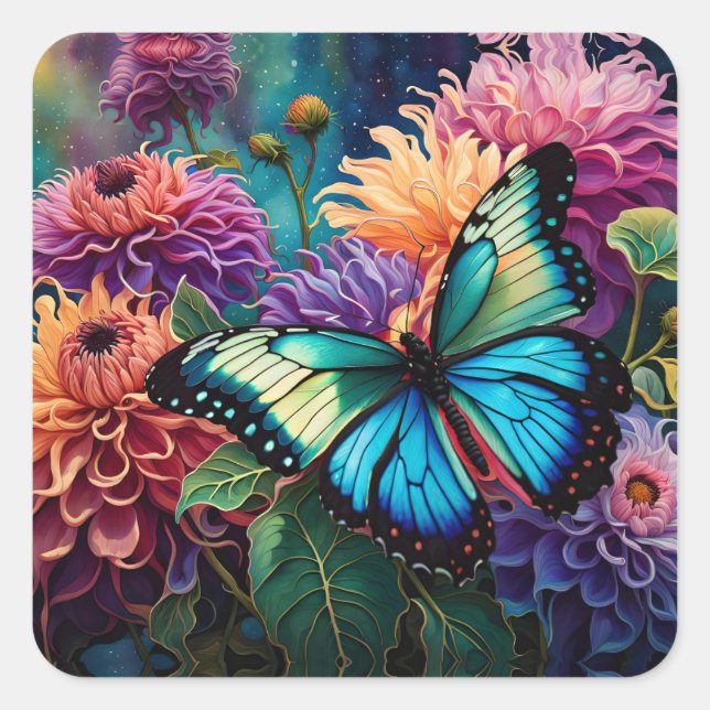 Sticker Carré Dahlias Et Papillon Vert Bleu Iridescente (Devant)