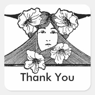 Sticker Carré Dame Art Nouveau avec Merci à fleurs