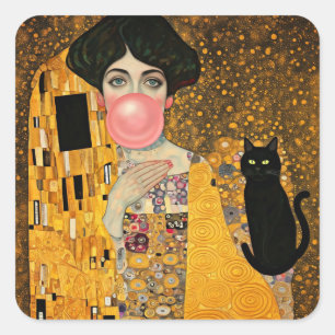 Sticker Carré Dame au Bubble Gum Rose avec Chat Noir Gustav Klim