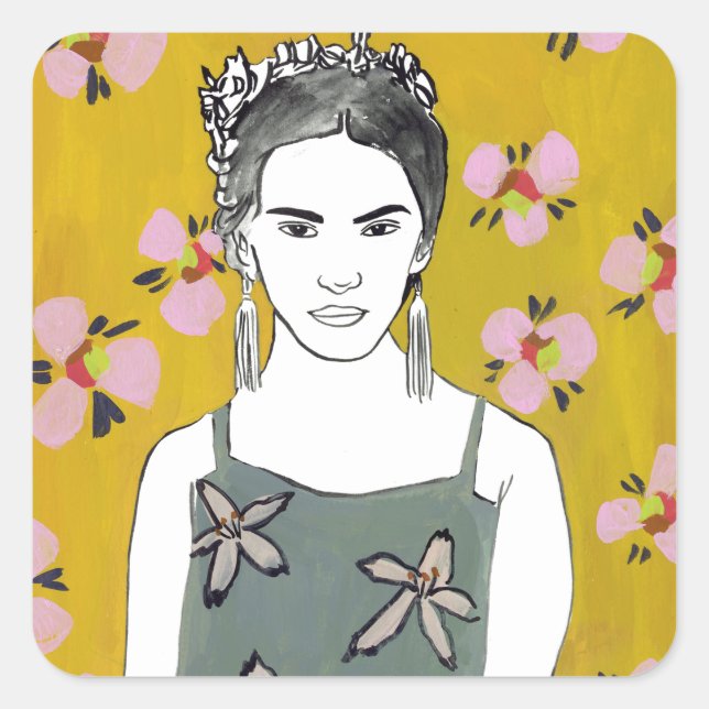 Sticker Carré Dame en fleurs roses - Jaune (Devant)