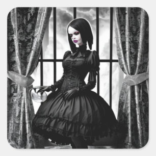 Sticker Carré Dame gothique en robe noire Halloween Éffrayant