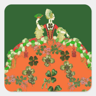 Sticker Carré DAME ORANGE ET TRÈFLES Fête de la Saint-Patrick ve