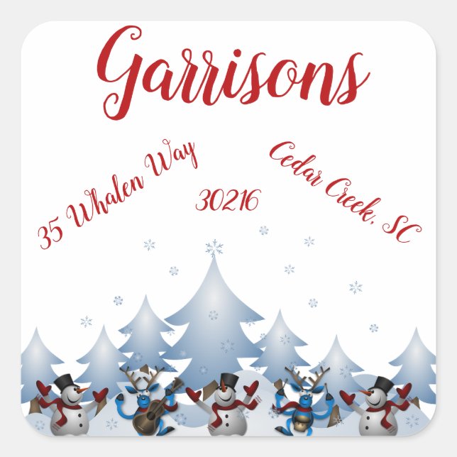 Sticker Carré Dancing Snowmen & Reindeer Adresse de retour Label (Devant)