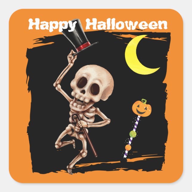 Sticker Carré Danser mignonne Skeleton Kids Halloween (Devant)