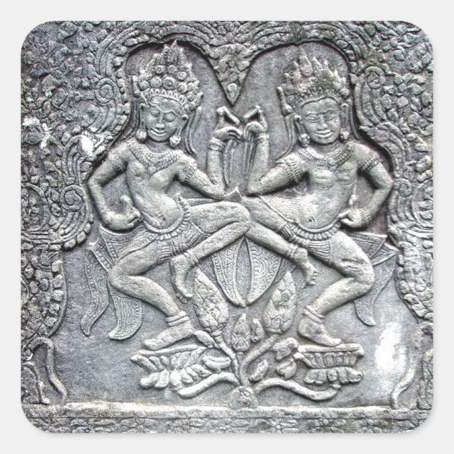 Sticker Carré Danseurs cambodgiens sculptant la pierre (Devant)