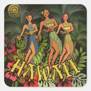 Sticker Carré Danseuses Hula Vintage Hawaï Rétro Arbre Tiki Palm